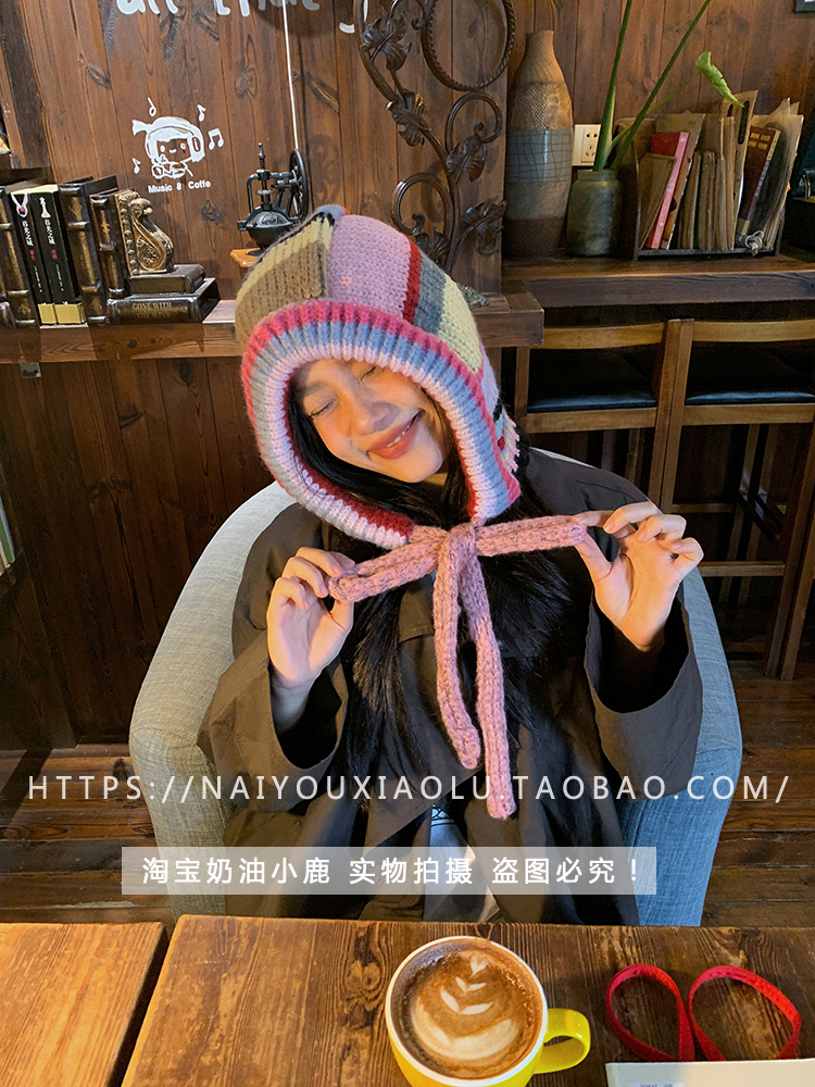 Korean-Style Colorful Striped Winter Pullover Balaclava Hat for Women, Knitted Wool Braid Ear Protection, Cozy Fashion Accessory Korean-Style Colorful Striped Winter Pullover Balaclava Hat for Women, Knitted Wool Braid Ear Protection, Cozy Fashion Accessory
