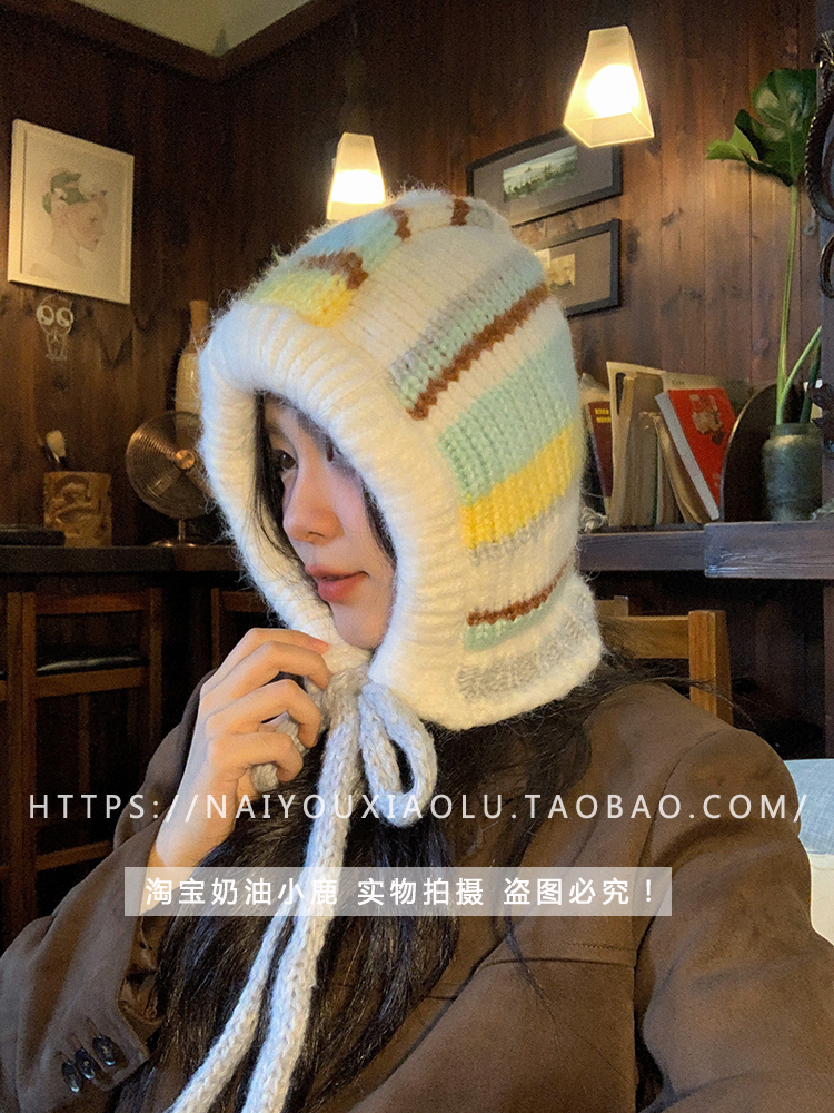 Korean-Style Colorful Striped Winter Pullover Balaclava Hat for Women, Knitted Wool Braid Ear Protection, Cozy Fashion Accessory Korean-Style Colorful Striped Winter Pullover Balaclava Hat for Women, Knitted Wool Braid Ear Protection, Cozy Fashion Accessory