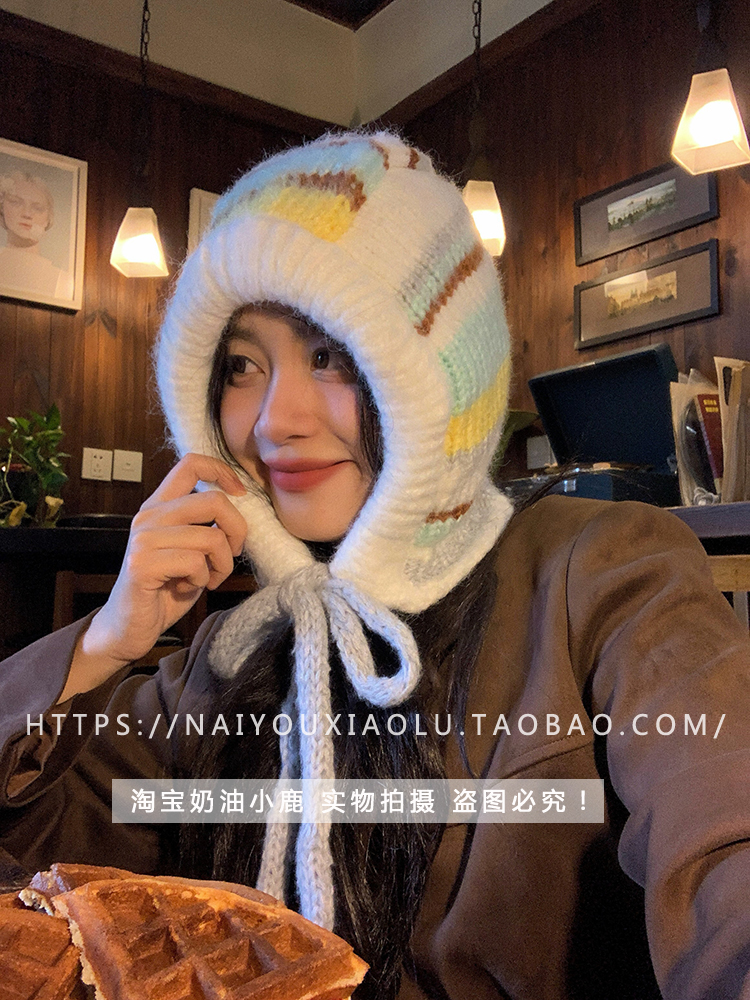 Korean-Style Colorful Striped Winter Pullover Balaclava Hat for Women, Knitted Wool Braid Ear Protection, Cozy Fashion Accessory Korean-Style Colorful Striped Winter Pullover Balaclava Hat for Women, Knitted Wool Braid Ear Protection, Cozy Fashion Accessory