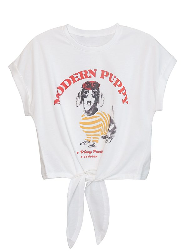 Korean-Style Dog Print Cropped T-Shirt for Women - Summer Short Sleeve with Tie Waist, Trendy Y2K Fashion