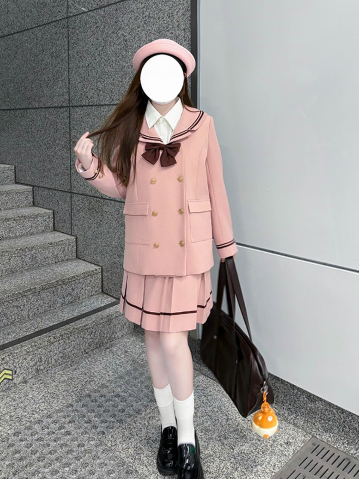 Korean Style Double-Breasted Bear Suit with Loose Mid-Length Skirt - Original JK Academy Two-Piece Set for Trendy Fashion Lovers