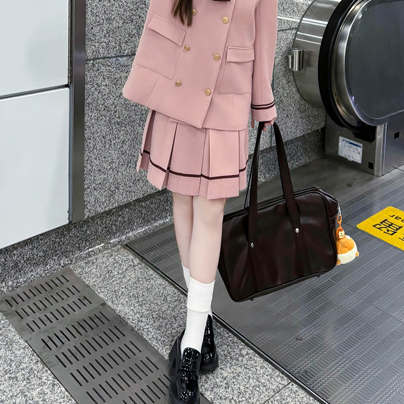 Korean Style Double-Breasted Bear Suit with Loose Mid-Length Skirt - Original JK Academy Two-Piece Set for Trendy Fashion Lovers Korean Style Double-Breasted Bear Suit with Loose Mid-Length Skirt - Original JK Academy Two-Piece Set for Trendy Fashion Lovers