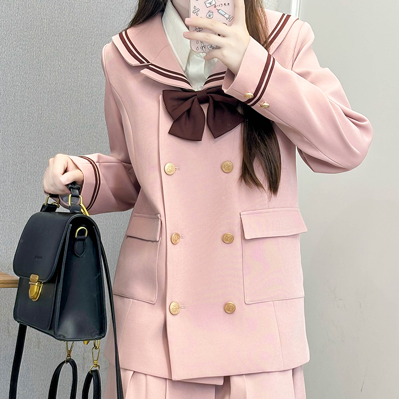 Korean Style Double-Breasted Bear Suit with Loose Mid-Length Skirt - Original JK Academy Two-Piece Set for Trendy Fashion Lovers Korean Style Double-Breasted Bear Suit with Loose Mid-Length Skirt - Original JK Academy Two-Piece Set for Trendy Fashion Lovers