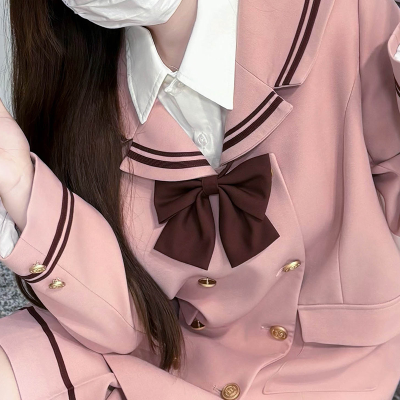 Korean Style Double-Breasted Bear Suit with Loose Mid-Length Skirt - Original JK Academy Two-Piece Set for Trendy Fashion Lovers Korean Style Double-Breasted Bear Suit with Loose Mid-Length Skirt - Original JK Academy Two-Piece Set for Trendy Fashion Lovers