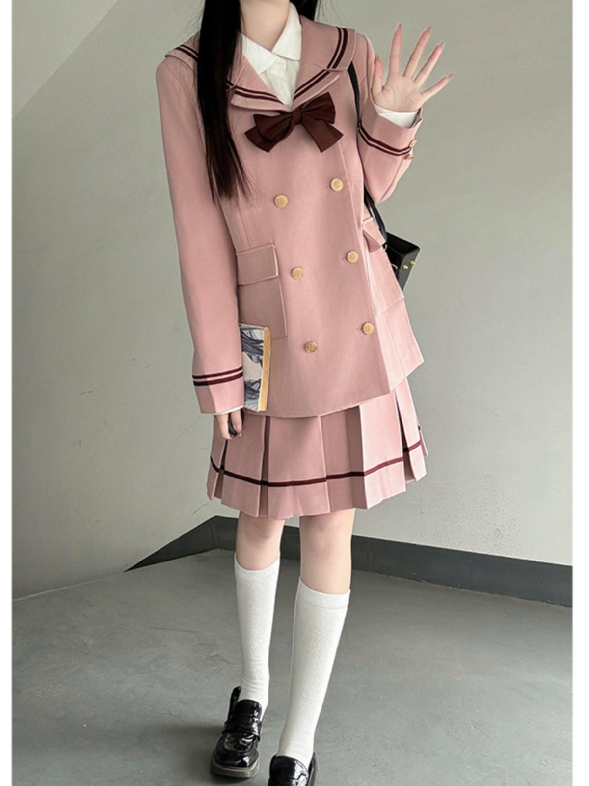Korean Style Double-Breasted Bear Suit with Loose Mid-Length Skirt - Original JK Academy Two-Piece Set for Trendy Fashion Lovers Korean Style Double-Breasted Bear Suit with Loose Mid-Length Skirt - Original JK Academy Two-Piece Set for Trendy Fashion Lovers