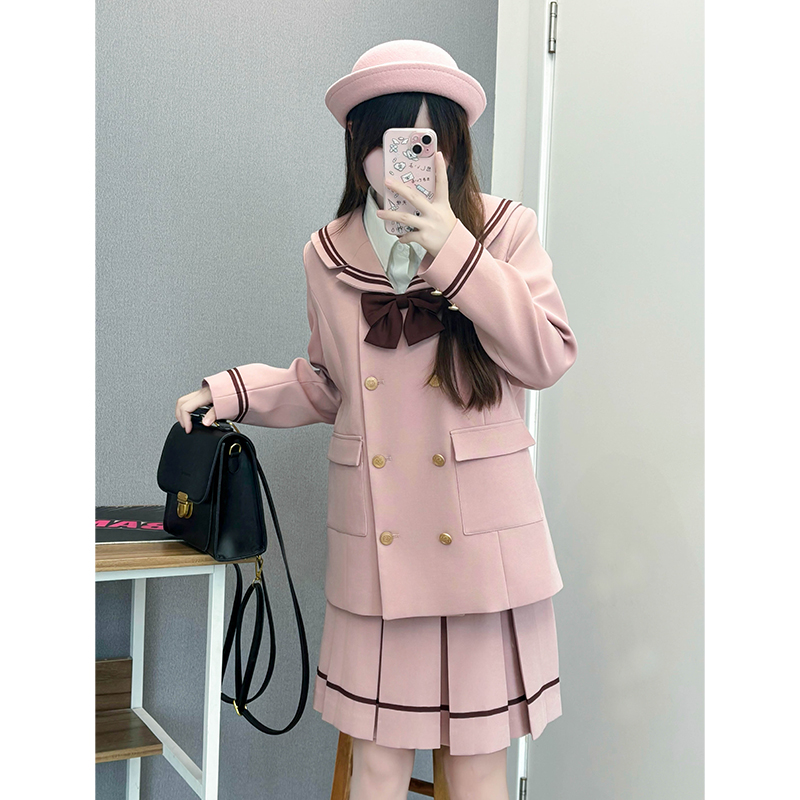 Korean Style Double-Breasted Bear Suit with Loose Mid-Length Skirt - Original JK Academy Two-Piece Set for Trendy Fashion Lovers