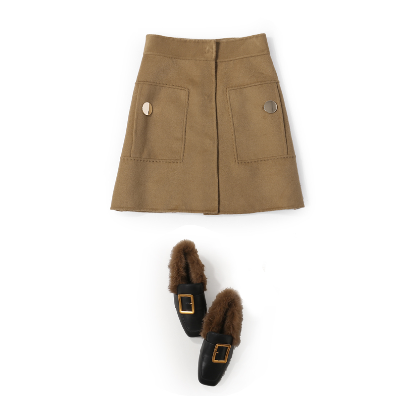 Korean Style Elegant Solid Color Woolen Short Skirt with Metal Buckle and Pockets for Women - Autumn Fashion