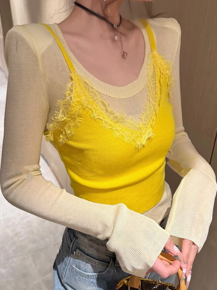 Korean-Style Fake Two-Piece Round Neck Long Sleeve Knitted Top for Women - 2025 Spring Slim Fit Unique Fashion
