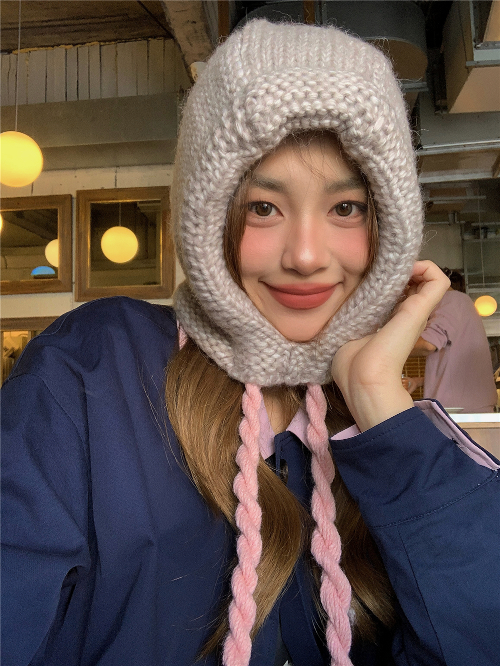 Korean Style Handmade Chunky Knit Balaclava Hat for Women - Cute Winter Beanie with Warm Ear Protection Korean Style Handmade Chunky Knit Balaclava Hat for Women - Cute Winter Beanie with Warm Ear Protection