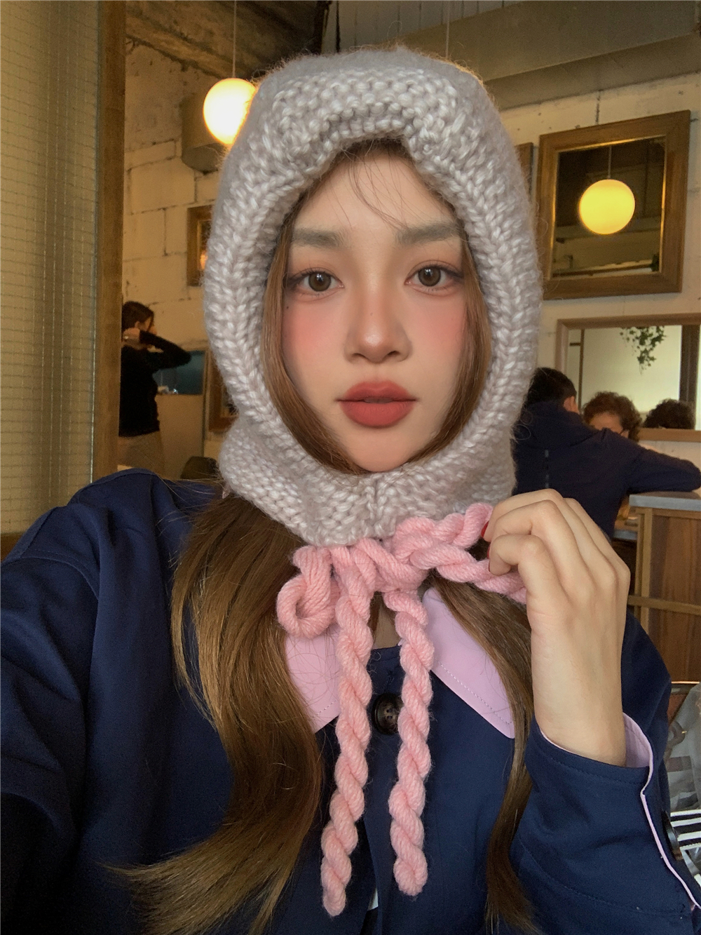 Korean Style Handmade Chunky Knit Balaclava Hat for Women - Cute Winter Beanie with Warm Ear Protection