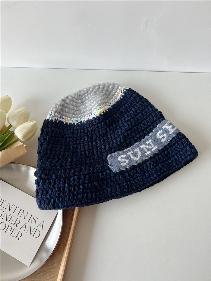 Korean Style Handmade Knitted Wool Fisherman Hat for Women, Letter Patch Design, Warm Autumn and Winter Accessory
