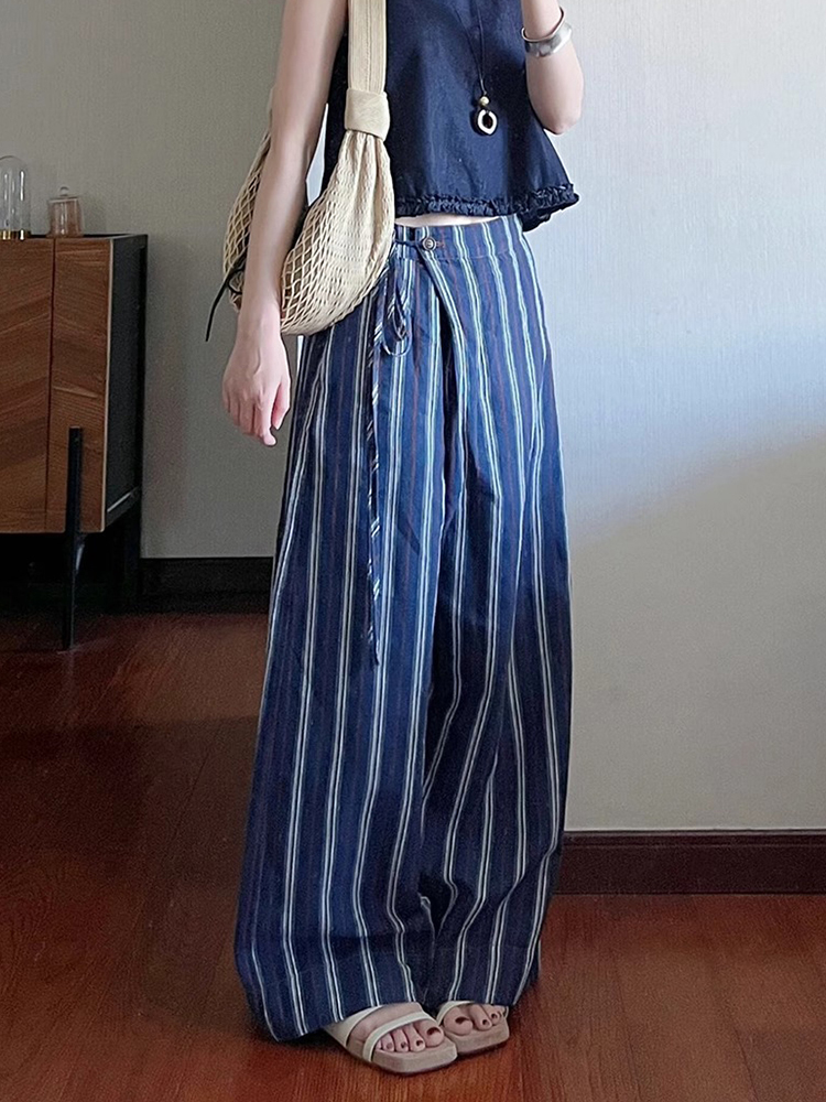 Korean Style High-End Blue Striped Wide-Leg Pants for Women - Summer 2025 Loose and Slimming Fashion Trousers Korean Style High-End Blue Striped Wide-Leg Pants for Women - Summer 2025 Loose and Slimming Fashion Trousers