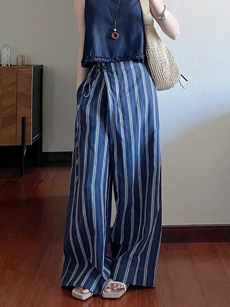 Korean Style High-End Blue Striped Wide-Leg Pants for Women - Summer 2025 Loose and Slimming Fashion Trousers Korean Style High-End Blue Striped Wide-Leg Pants for Women - Summer 2025 Loose and Slimming Fashion Trousers