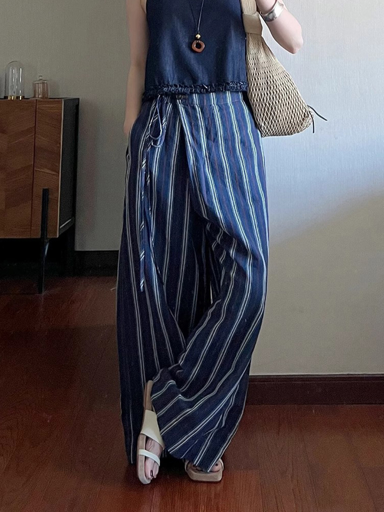 Korean Style High-End Blue Striped Wide-Leg Pants for Women - Summer 2025 Loose and Slimming Fashion Trousers Korean Style High-End Blue Striped Wide-Leg Pants for Women - Summer 2025 Loose and Slimming Fashion Trousers