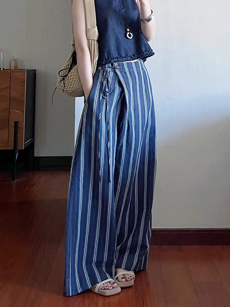 Korean Style High-End Blue Striped Wide-Leg Pants for Women - Summer 2025 Loose and Slimming Fashion Trousers
