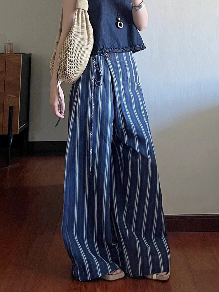 Korean Style High-End Blue Striped Wide-Leg Pants for Women - Summer 2025 Loose and Slimming Fashion Trousers Korean Style High-End Blue Striped Wide-Leg Pants for Women - Summer 2025 Loose and Slimming Fashion Trousers