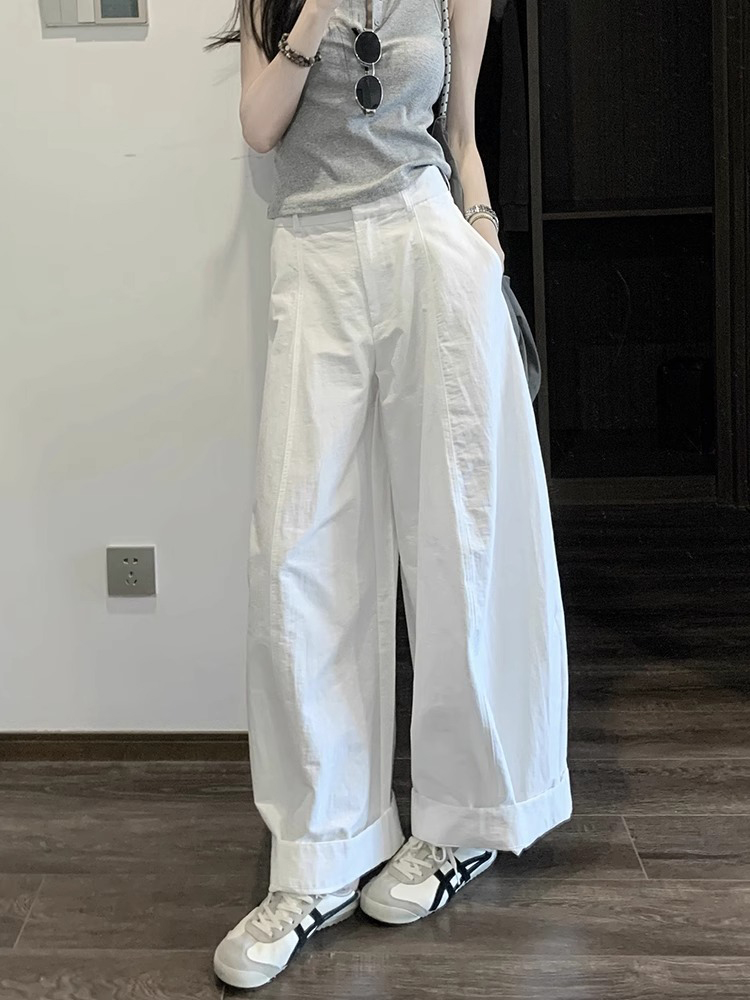 Korean Style High-Waisted Loose-Fit White Cargo Wide-Leg Pants for Women - 2025 Summer Floor-Length Trousers