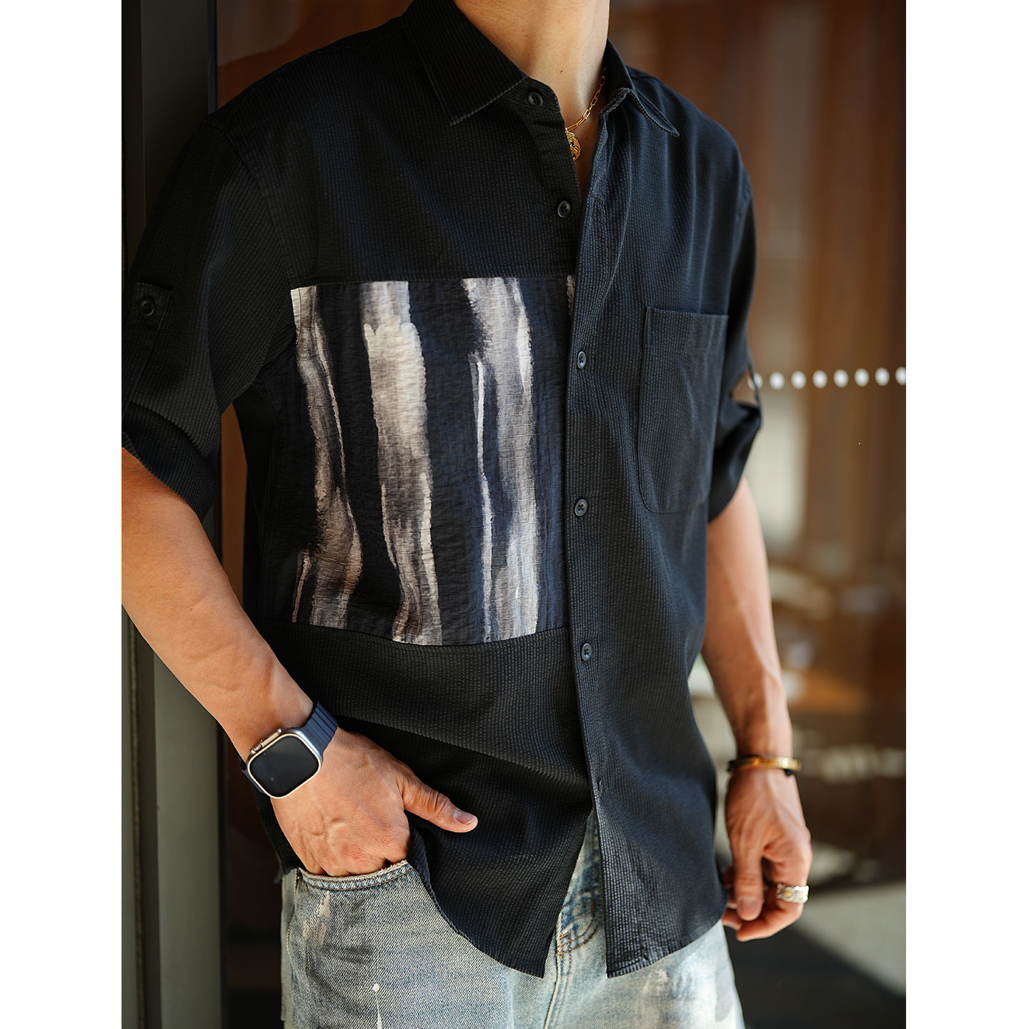 Korean Style Light Luxury Color-Block Short Sleeve Shirt for Men - Trendy Summer Spliced Lapel Top
