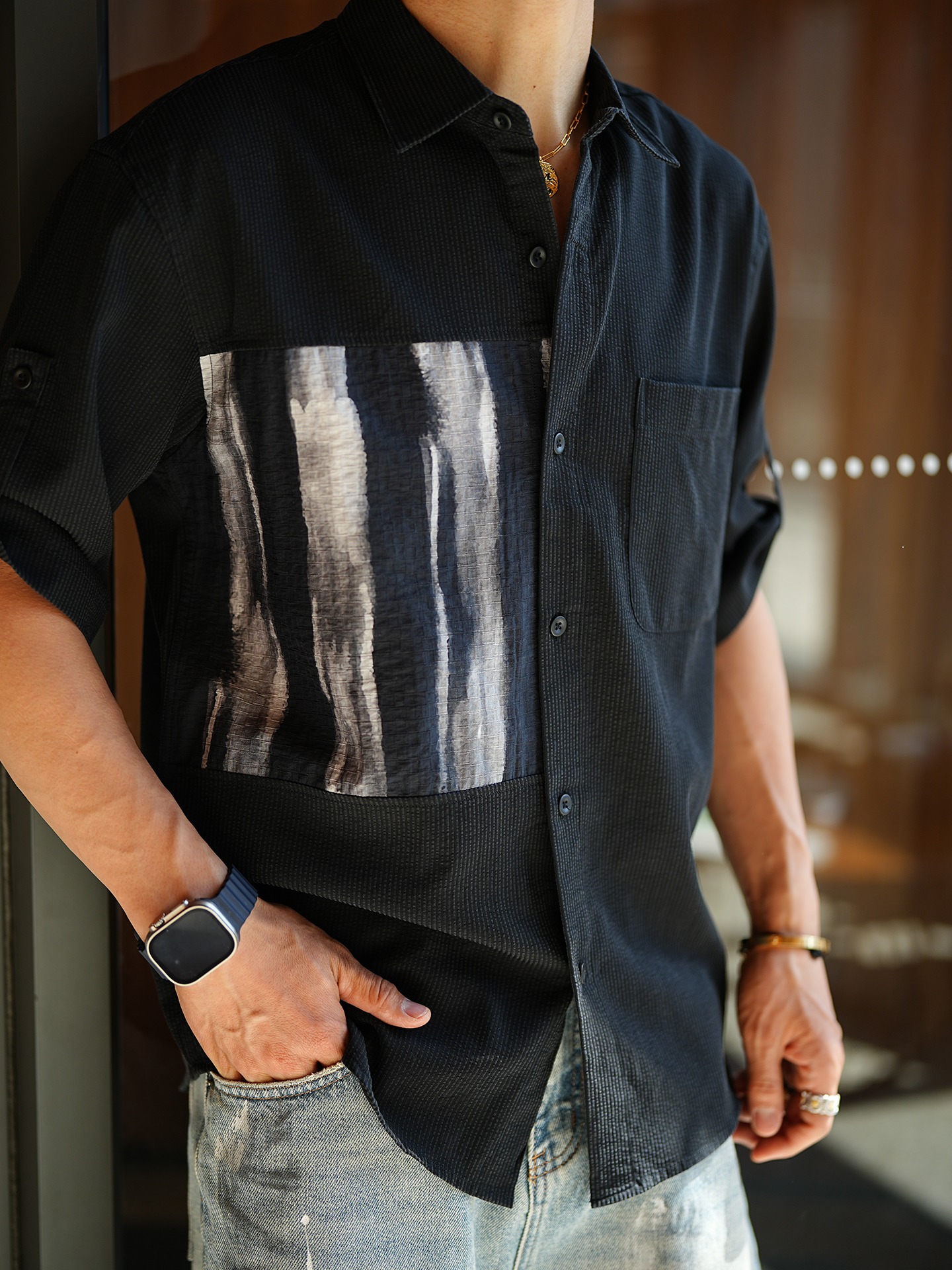 Korean Style Light Luxury Color-Block Short Sleeve Shirt for Men - Trendy Summer Spliced Lapel Top Korean Style Light Luxury Color-Block Short Sleeve Shirt for Men - Trendy Summer Spliced Lapel Top