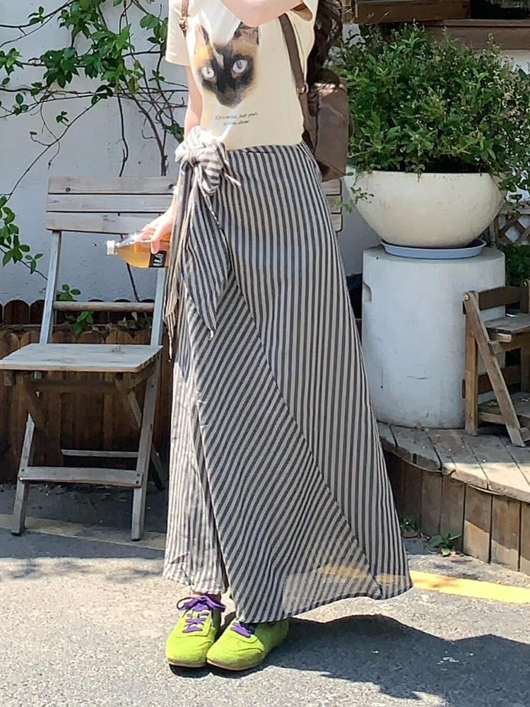 Korean-Style Long Striped Skirt with Side Tie Design for Women - 2025 Summer High-End Minimalist Fashion