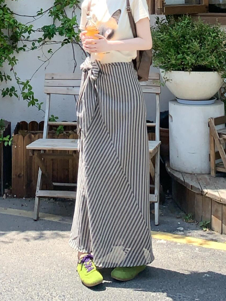 Korean-Style Long Striped Skirt with Side Tie Design for Women - 2025 Summer High-End Minimalist Fashion