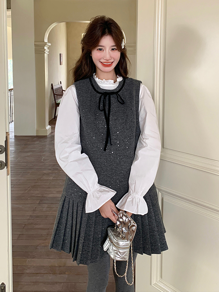 Korean Style Loose Slimming Two-Piece Dress and Shirt Set with Bow Tie - 2025 Spring College Fashion for Women Korean Style Loose Slimming Two-Piece Dress and Shirt Set with Bow Tie - 2025 Spring College Fashion for Women