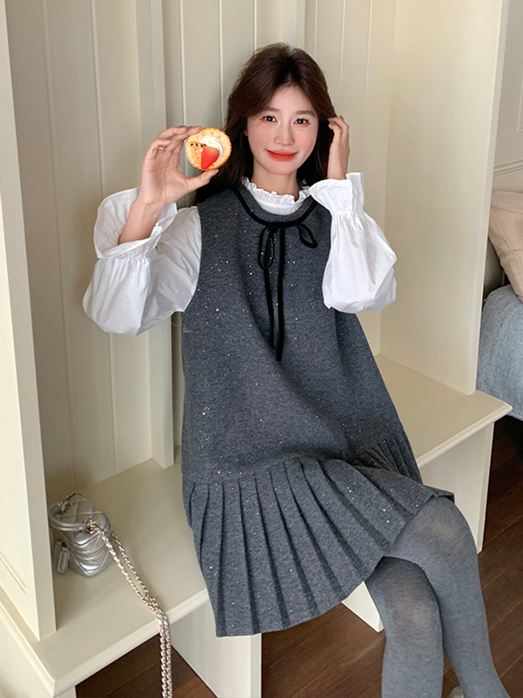 Korean Style Loose Slimming Two-Piece Dress and Shirt Set with Bow Tie - 2025 Spring College Fashion for Women Korean Style Loose Slimming Two-Piece Dress and Shirt Set with Bow Tie - 2025 Spring College Fashion for Women