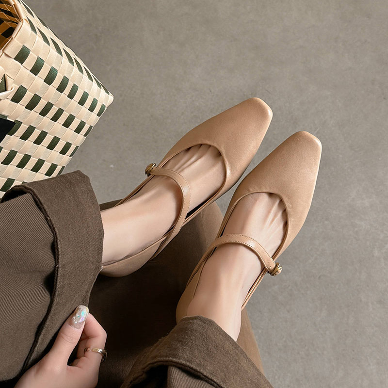 Korean Style Milk White Sheepskin One-Strap Flat Mary Jane Shoes with French Square Toe and Soft Sole for Women