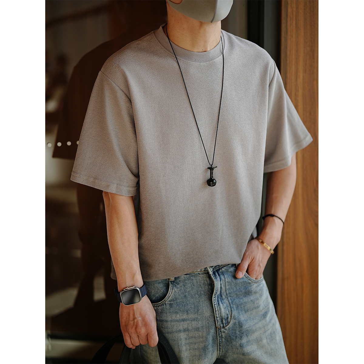 Korean-Style Minimalist Washed Gradient Short Sleeve T-Shirt for Men - Trendy Summer Solid Color Half Sleeve Round Neck Top