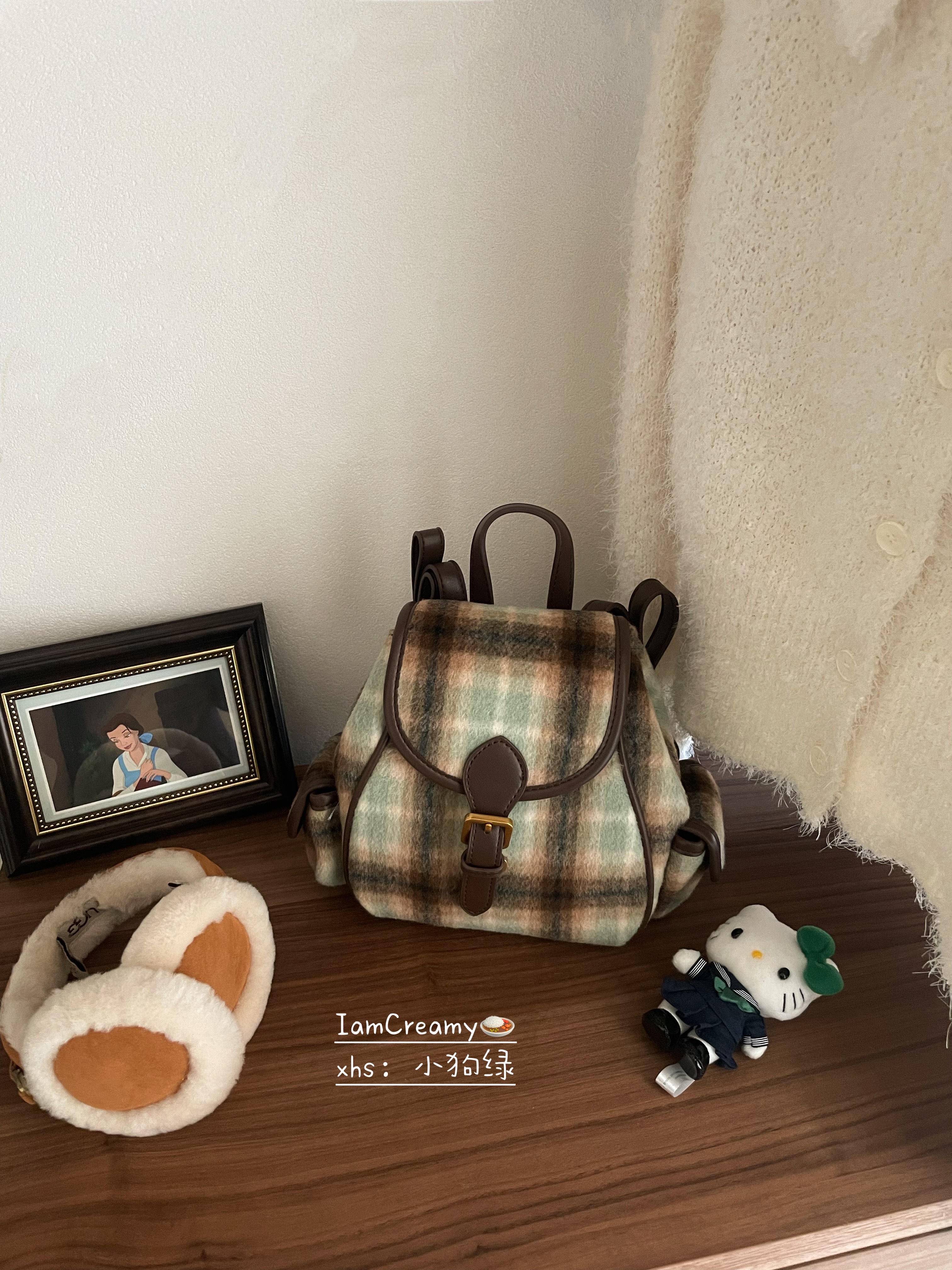 Korean Style Mint Coffee Plaid Wool Backpack for Women - Retro Double Shoulder Design for Autumn & Winter