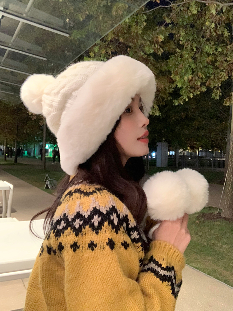 Korean Style My Head Is Not Round Lei Feng Hat - Women's Versatile Pom-Pom Knitted Wool Hat with Fleece Ear Protection Korean Style My Head Is Not Round Lei Feng Hat - Women's Versatile Pom-Pom Knitted Wool Hat with Fleece Ear Protection