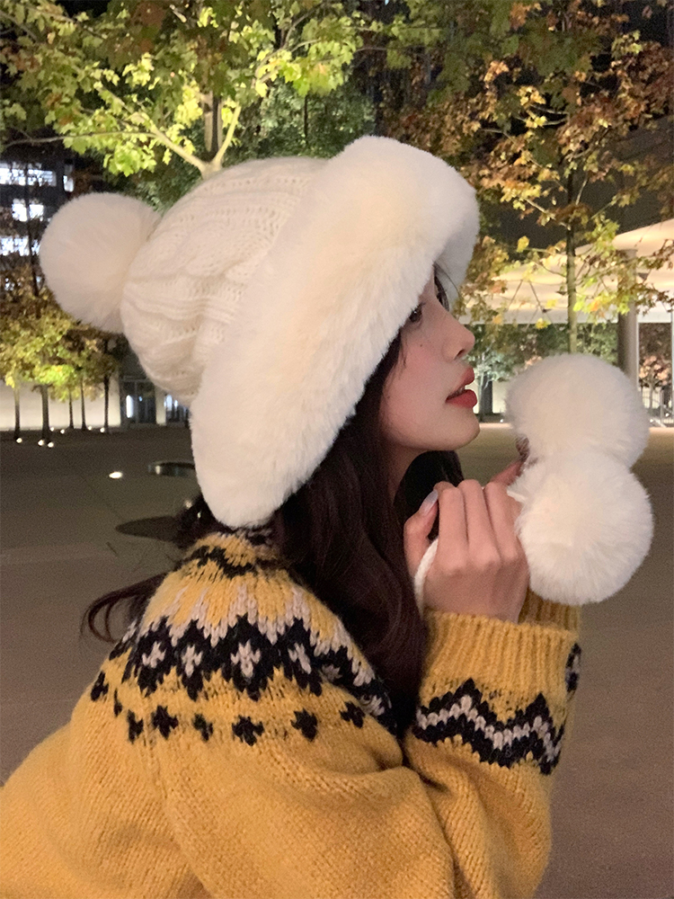 Korean Style My Head Is Not Round Lei Feng Hat - Women's Versatile Pom-Pom Knitted Wool Hat with Fleece Ear Protection Korean Style My Head Is Not Round Lei Feng Hat - Women's Versatile Pom-Pom Knitted Wool Hat with Fleece Ear Protection