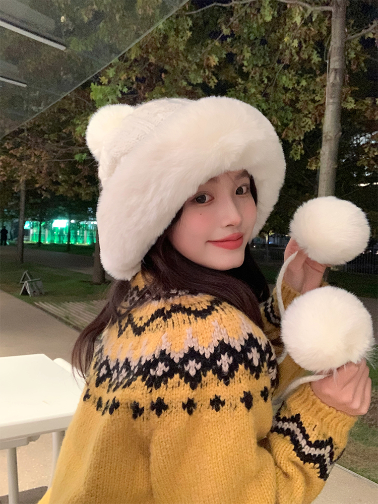 Korean Style My Head Is Not Round Lei Feng Hat - Women's Versatile Pom-Pom Knitted Wool Hat with Fleece Ear Protection Korean Style My Head Is Not Round Lei Feng Hat - Women's Versatile Pom-Pom Knitted Wool Hat with Fleece Ear Protection