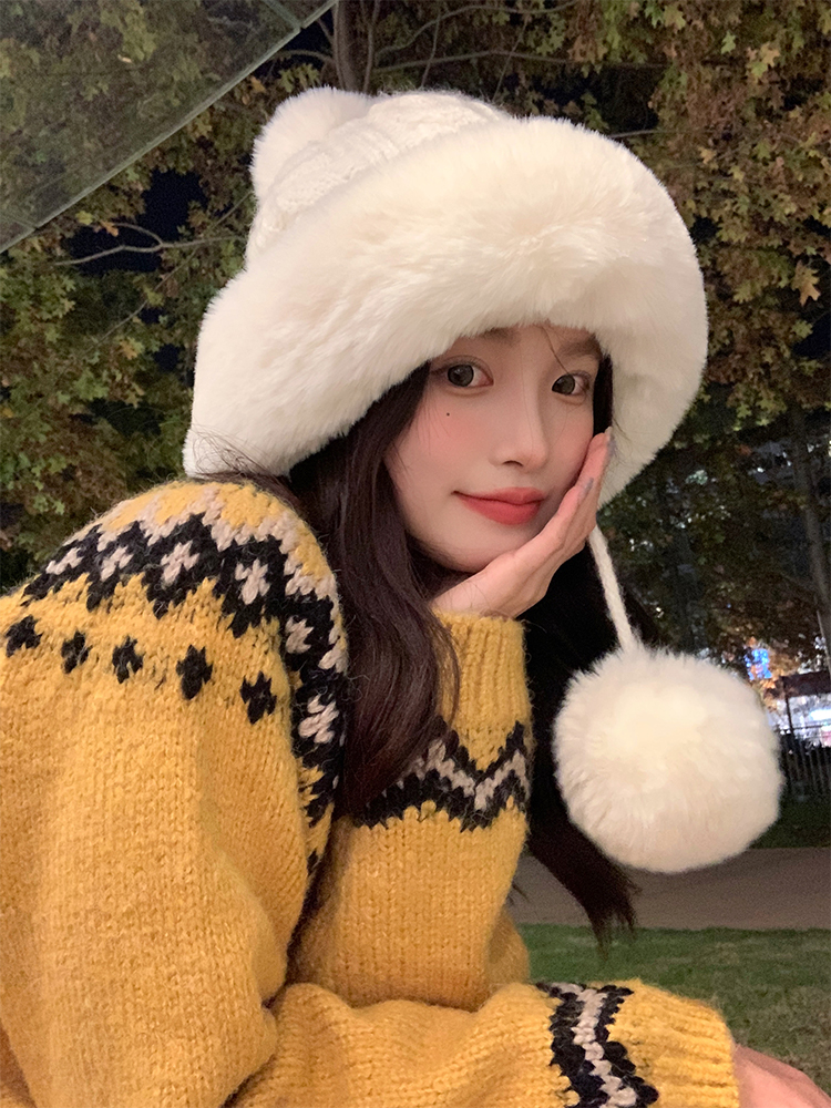 Korean Style My Head Is Not Round Lei Feng Hat - Women's Versatile Pom-Pom Knitted Wool Hat with Fleece Ear Protection Korean Style My Head Is Not Round Lei Feng Hat - Women's Versatile Pom-Pom Knitted Wool Hat with Fleece Ear Protection