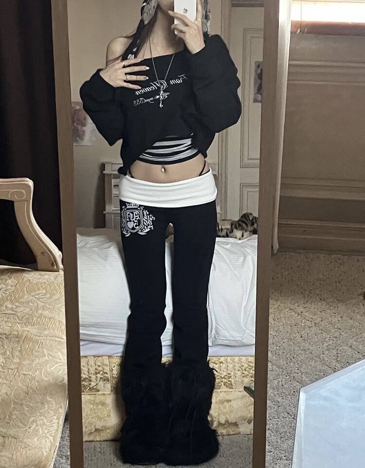 Korean Style Off-Shoulder Embroidered Sweatshirt with Slight Flare Tight Pants - 2025 Autumn/Winter Hot Girl Fashion Set Korean Style Off-Shoulder Embroidered Sweatshirt with Slight Flare Tight Pants - 2025 Autumn/Winter Hot Girl Fashion Set