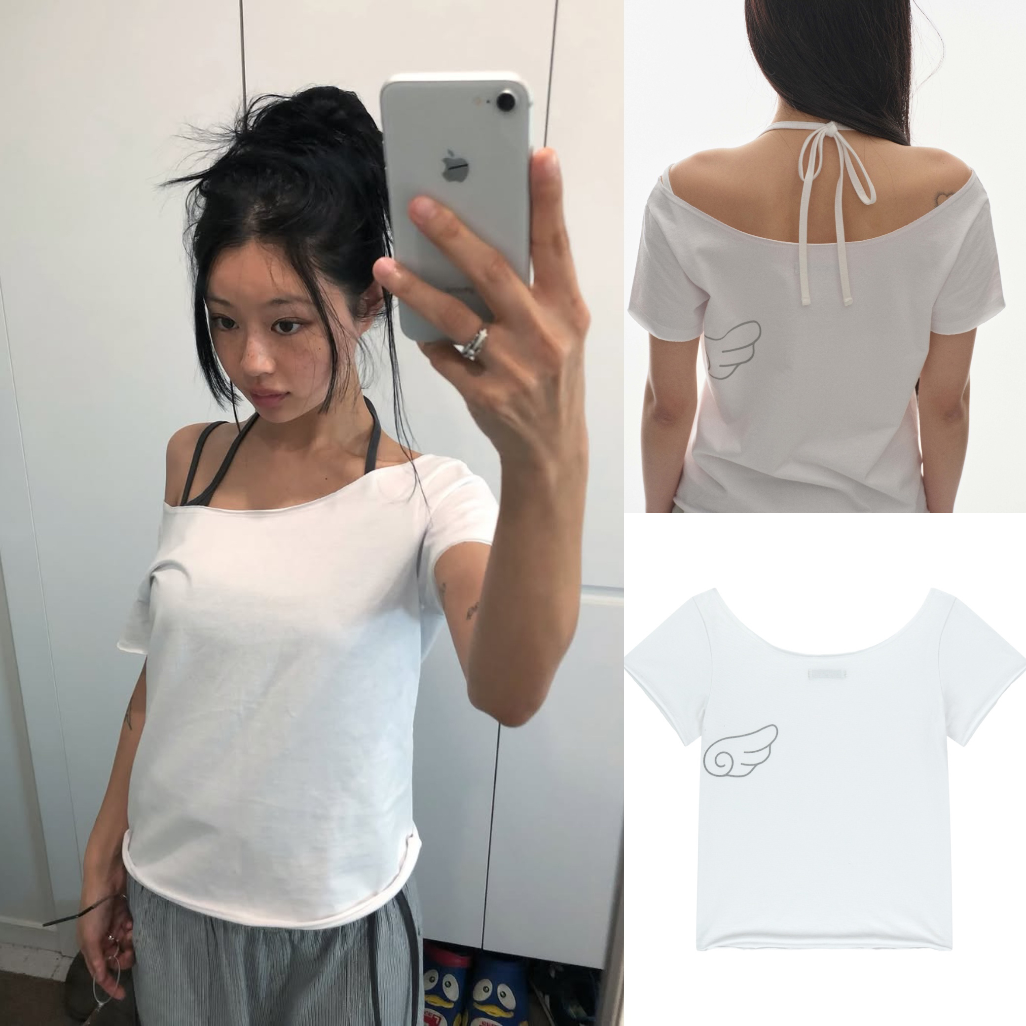 Korean Style Off-Shoulder White T-Shirt with Large Collar and Wing Print - 25ss Niche Design, Short Sleeve Fashion Top