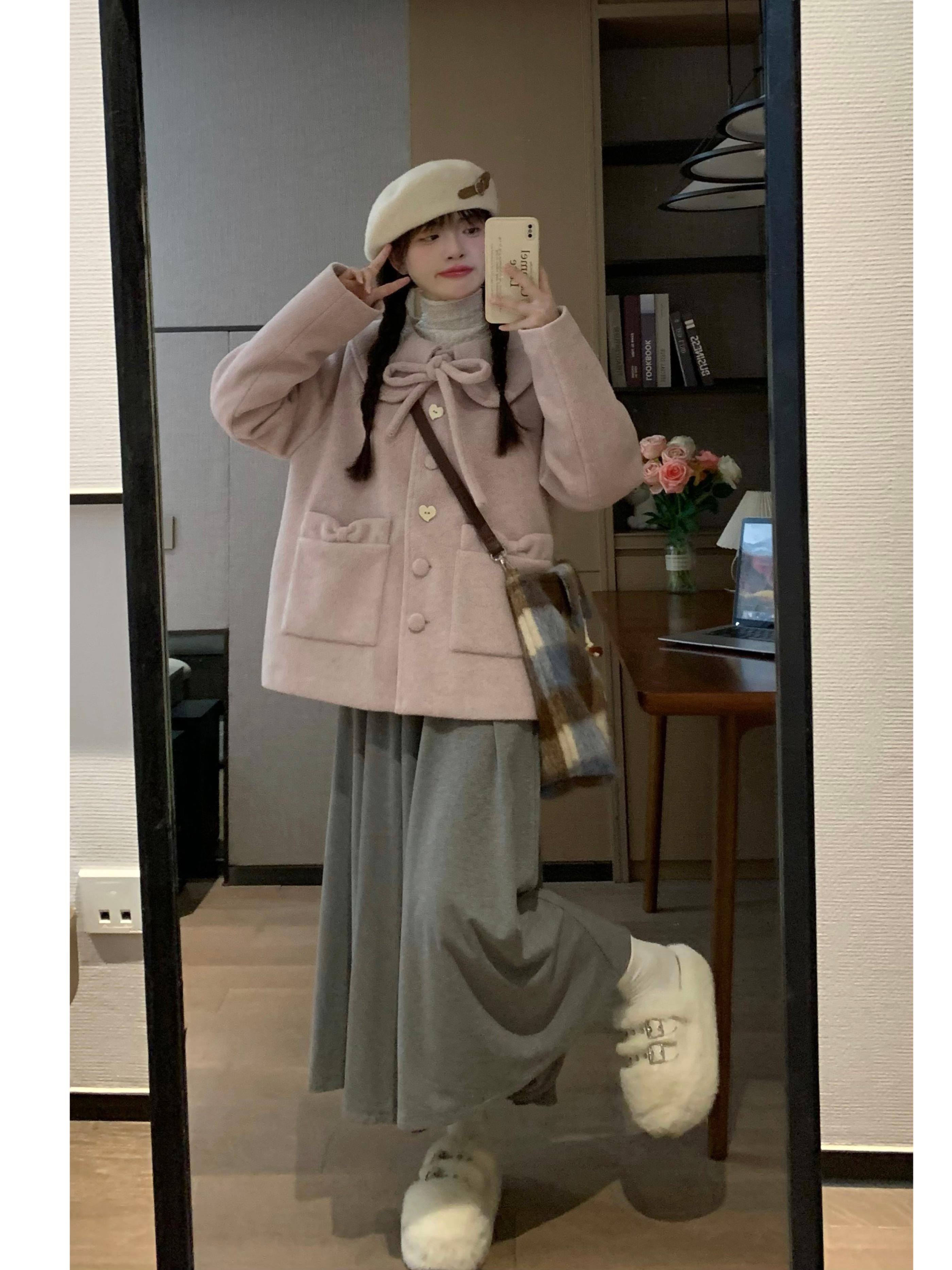 Korean Style Pink Woolen Coat for Women with Cute Doll Collar - Slimming Design for Autumn and Winter Fashion