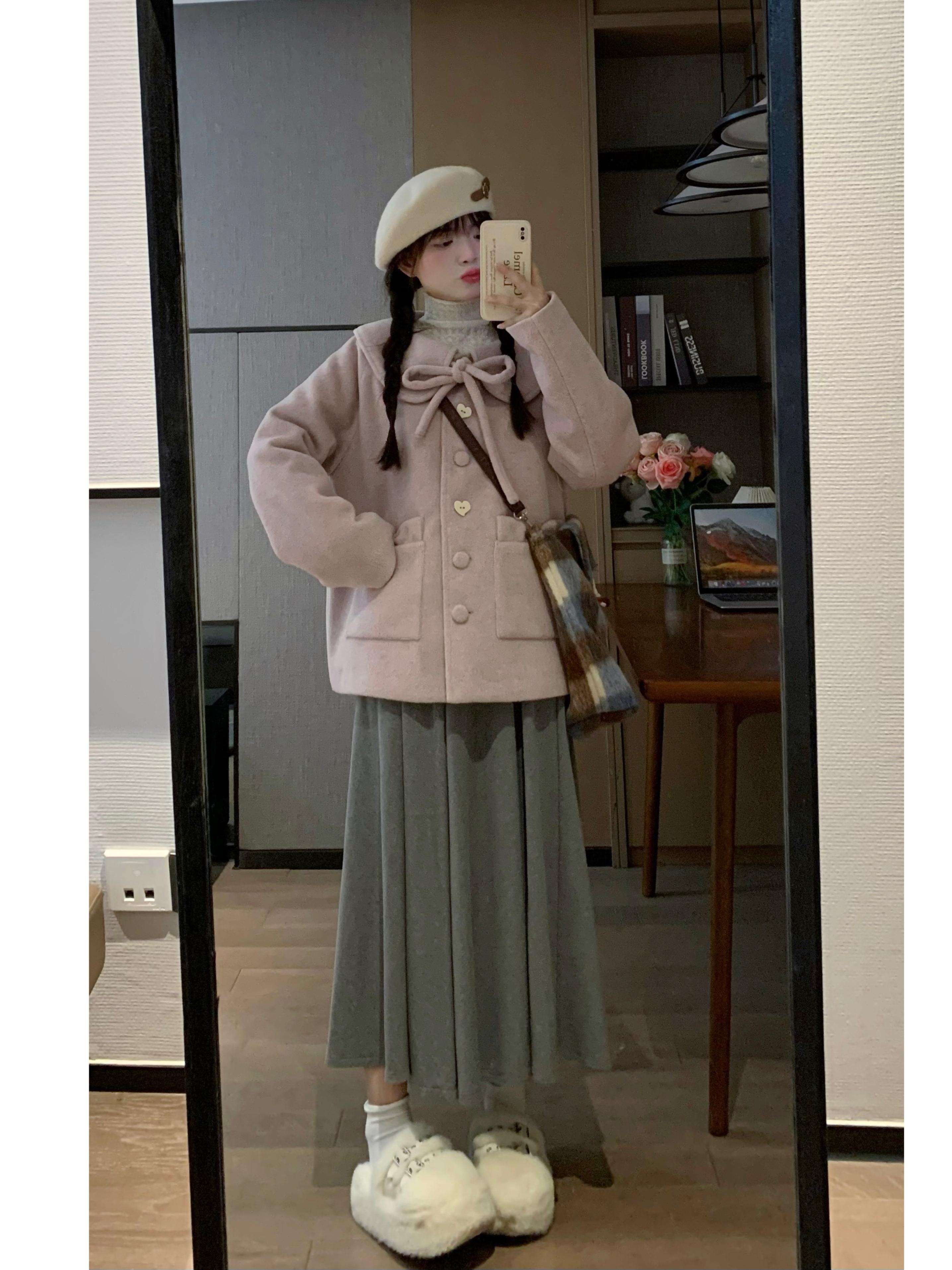 Korean Style Pink Woolen Coat for Women with Cute Doll Collar - Slimming Design for Autumn and Winter Fashion Korean Style Pink Woolen Coat for Women with Cute Doll Collar - Slimming Design for Autumn and Winter Fashion