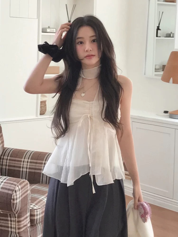 Korean Style Pleated Lace-Up Mesh Strapless Top with Scarf for Women - Trendy Short Design, Perfect for 90s and Y2K Fashion Lovers