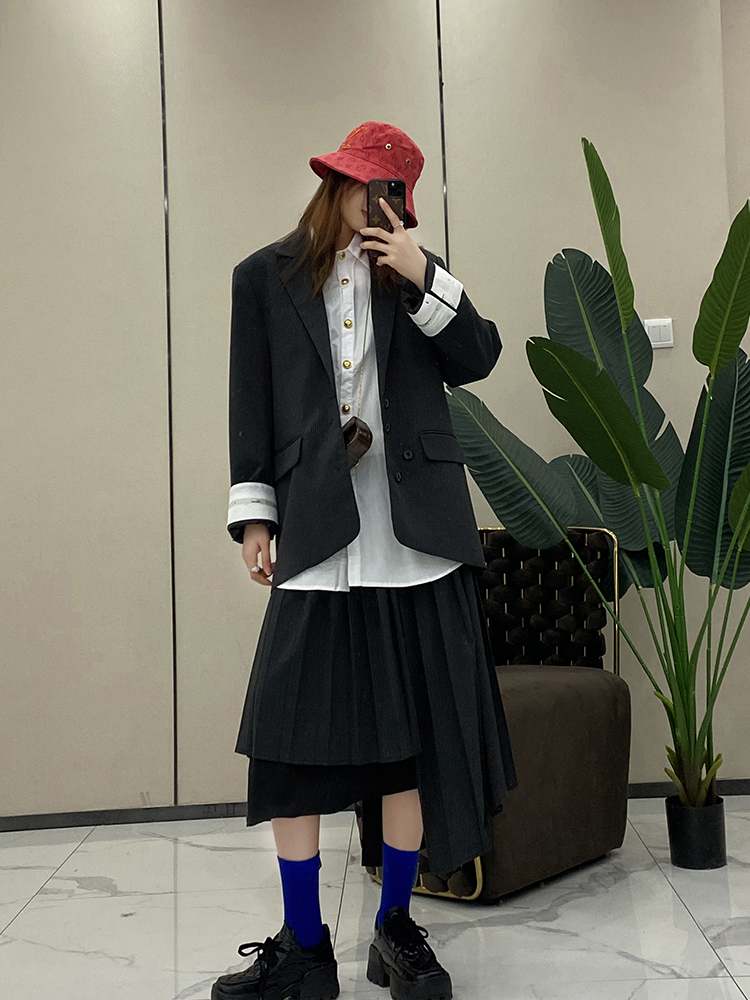 Korean Style Pleated Striped Asymmetrical Midi Skirt for Women - European Spring Summer Fashion Casual Design