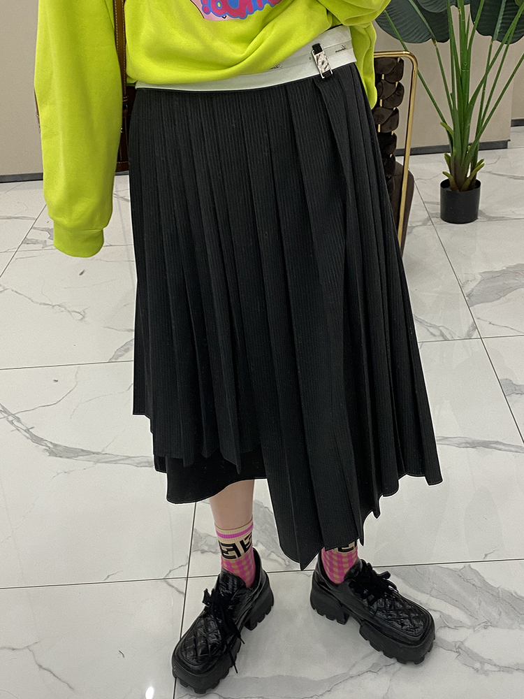 Korean Style Pleated Striped Asymmetrical Midi Skirt for Women - European Spring Summer Fashion Casual Design