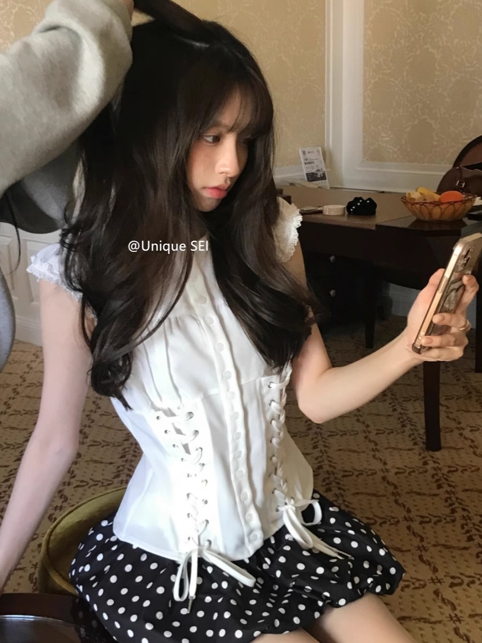 Korean-Style Pleated Tie-Waist Flutter Sleeve Shirt Top with Polka Dot Floral Skirt - Unique 90s Inspired Fashion