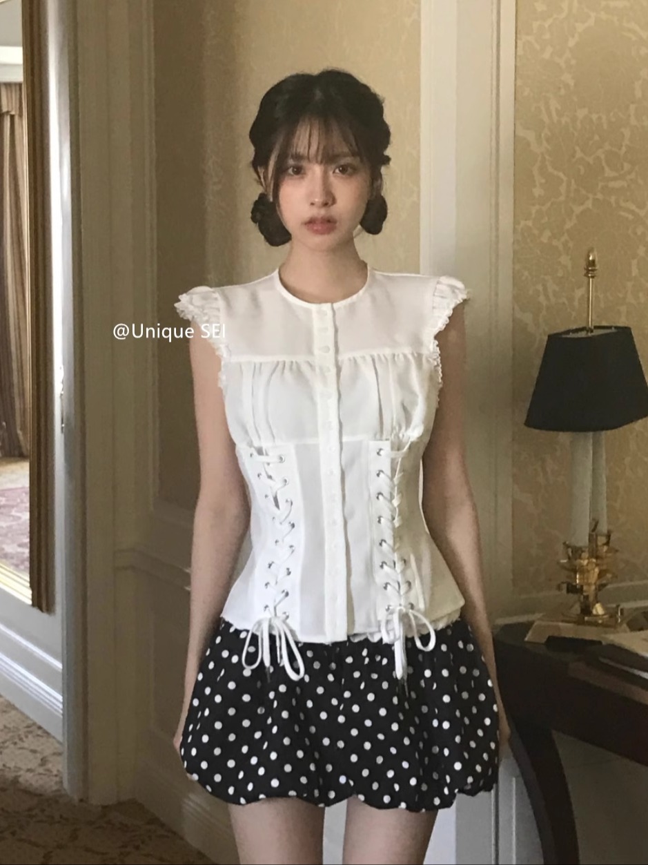 Korean-Style Pleated Tie-Waist Flutter Sleeve Shirt Top with Polka Dot Floral Skirt - Unique 90s Inspired Fashion Korean-Style Pleated Tie-Waist Flutter Sleeve Shirt Top with Polka Dot Floral Skirt - Unique 90s Inspired Fashion