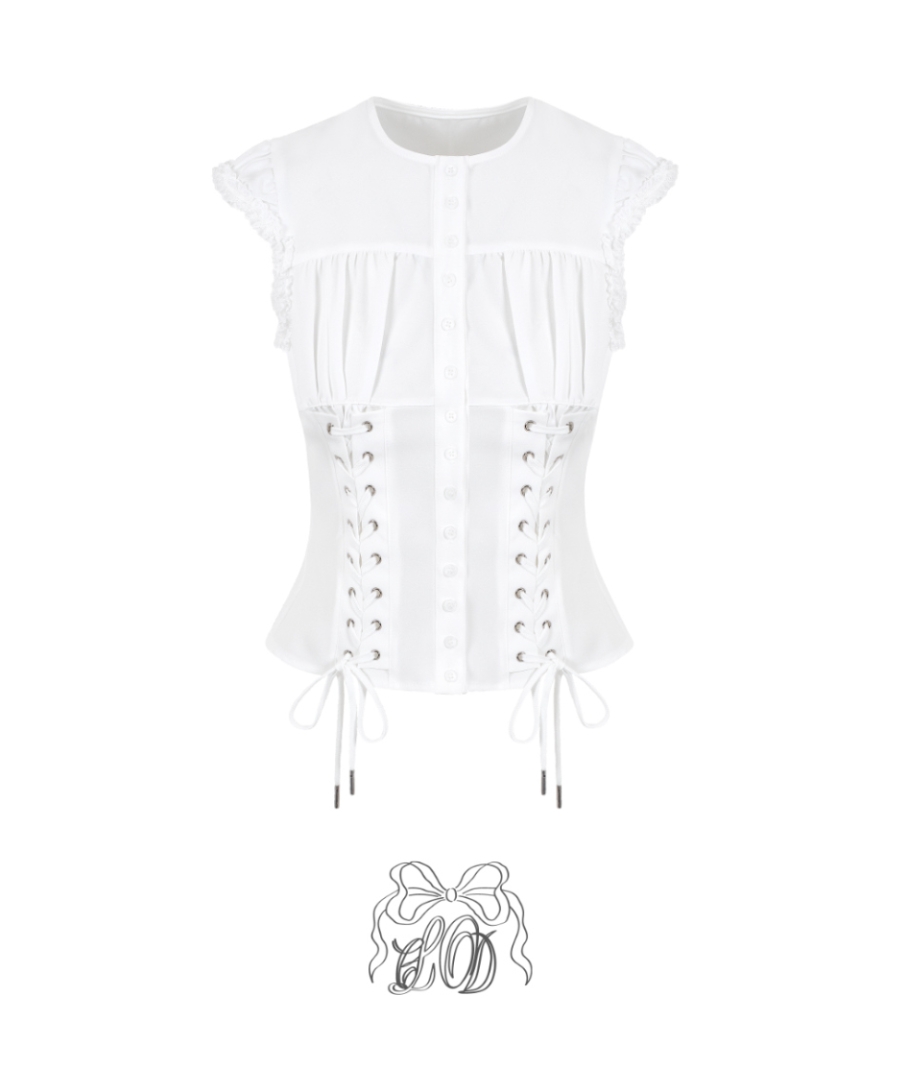 Korean-Style Pleated Tie-Waist Flutter Sleeve Shirt Top with Polka Dot Floral Skirt - Unique 90s Inspired Fashion