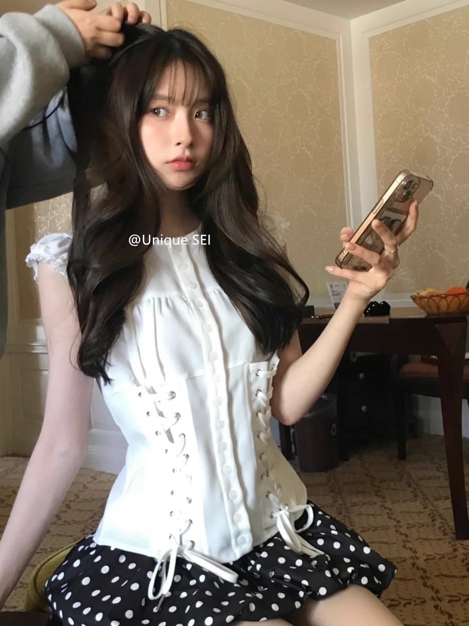 Korean-Style Pleated Tie-Waist Flutter Sleeve Shirt Top with Polka Dot Floral Skirt - Unique 90s Inspired Fashion Korean-Style Pleated Tie-Waist Flutter Sleeve Shirt Top with Polka Dot Floral Skirt - Unique 90s Inspired Fashion