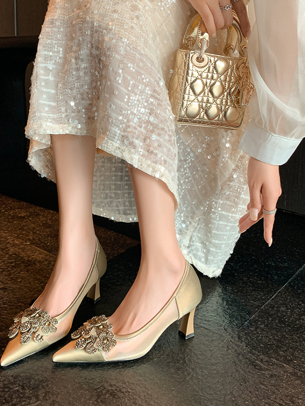 Korean-Style Pointed Toe Thin Heel Shallow Mouth Women's Shoes, Rhinestone Mesh Splicing, Genuine Leather High Heels for Spring/Summer 2025 Korean-Style Pointed Toe Thin Heel Shallow Mouth Women's Shoes, Rhinestone Mesh Splicing, Genuine Leather High Heels for Spring/Summer 2025