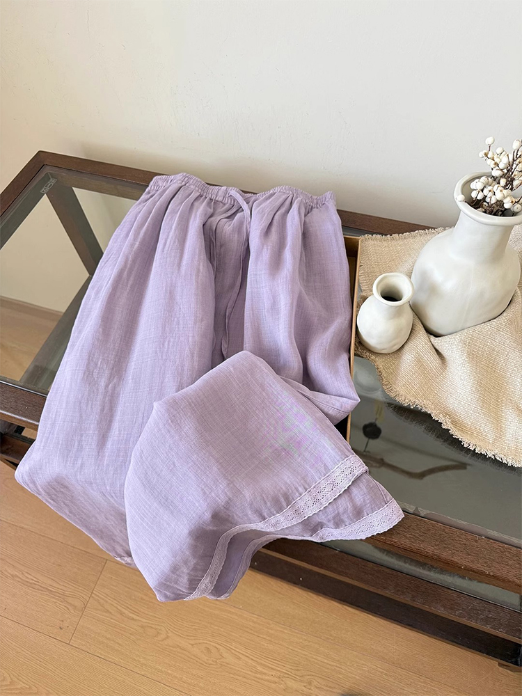 Korean-Style Relaxed Wide-Leg Pants for Women - Summer Cotton-Linen Long Pants with Purple Lace Trim