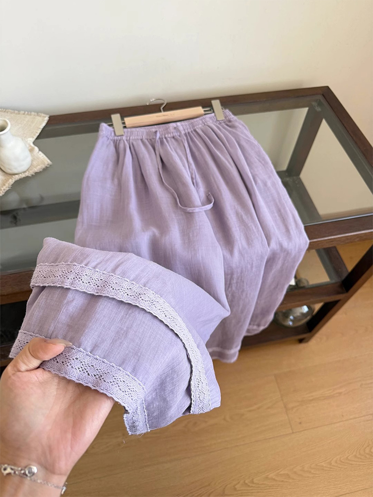 Korean-Style Relaxed Wide-Leg Pants for Women - Summer Cotton-Linen Long Pants with Purple Lace Trim