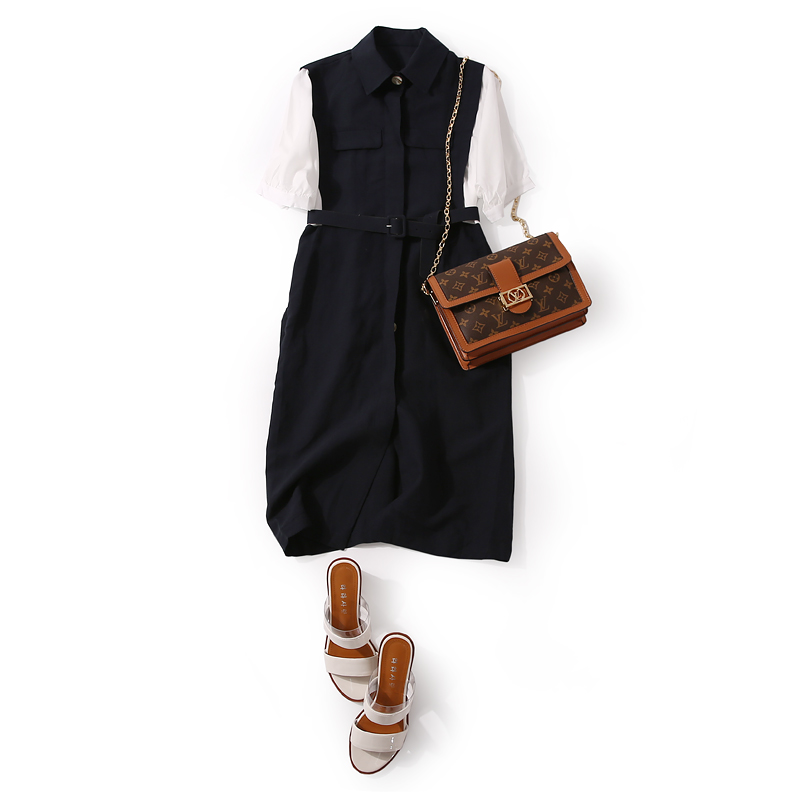Korean Style Retro Color-Block Lapel Single-Breasted OL Dress for Women - Spring Summer Fashion Korean Style Retro Color-Block Lapel Single-Breasted OL Dress for Women - Spring Summer Fashion