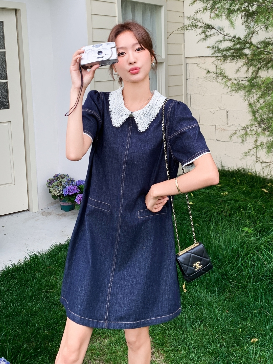 Korean-Style Retro Lace Color-Blocking Denim Dress for Women - Playful Summer Short Skirt in Petite Sizes